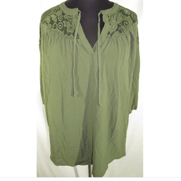 Cure Olive Green Lace Trimmed Peasant Top, 3/4 Sleeve, Plus Size 3XL - Picture 1 of 10